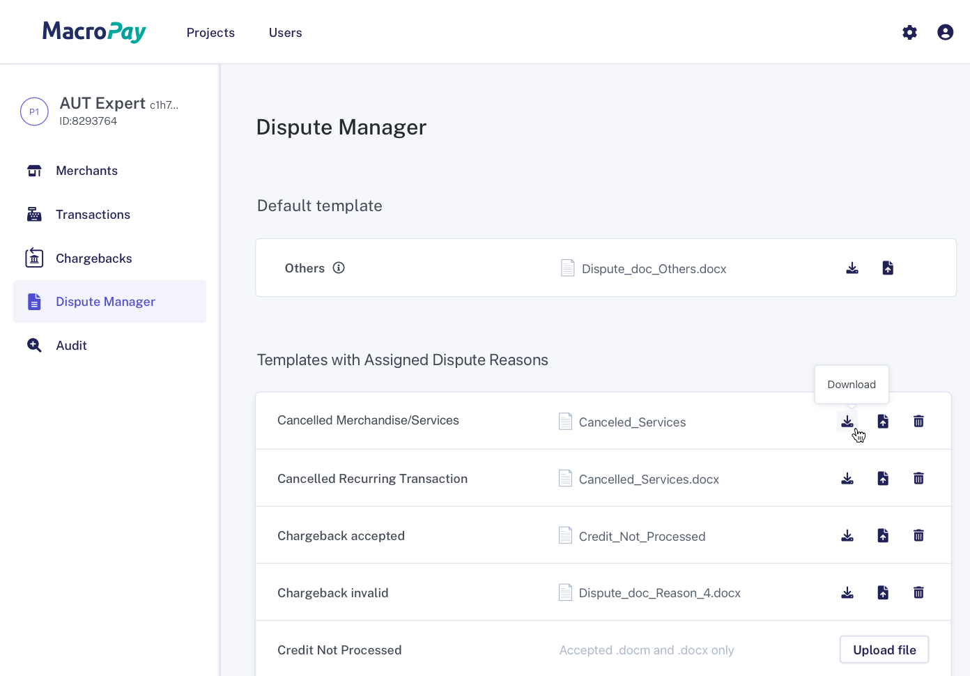 The dispute manager screen shows how you can download a chargeback dispute template.