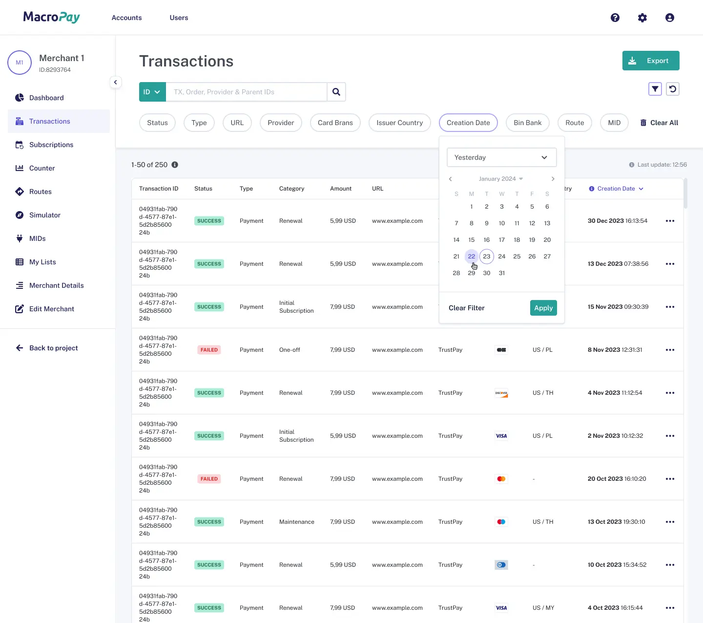 The transactions table inside the Macropay platform shows the diverse type of filters it has.